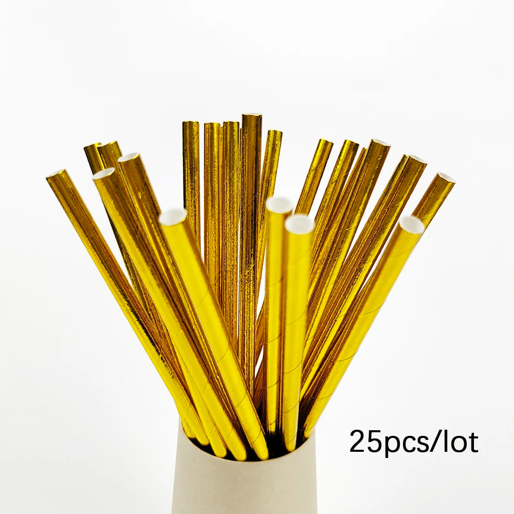 A bundle of 25 gold disposable dinnerware sticks or straws in a white container.