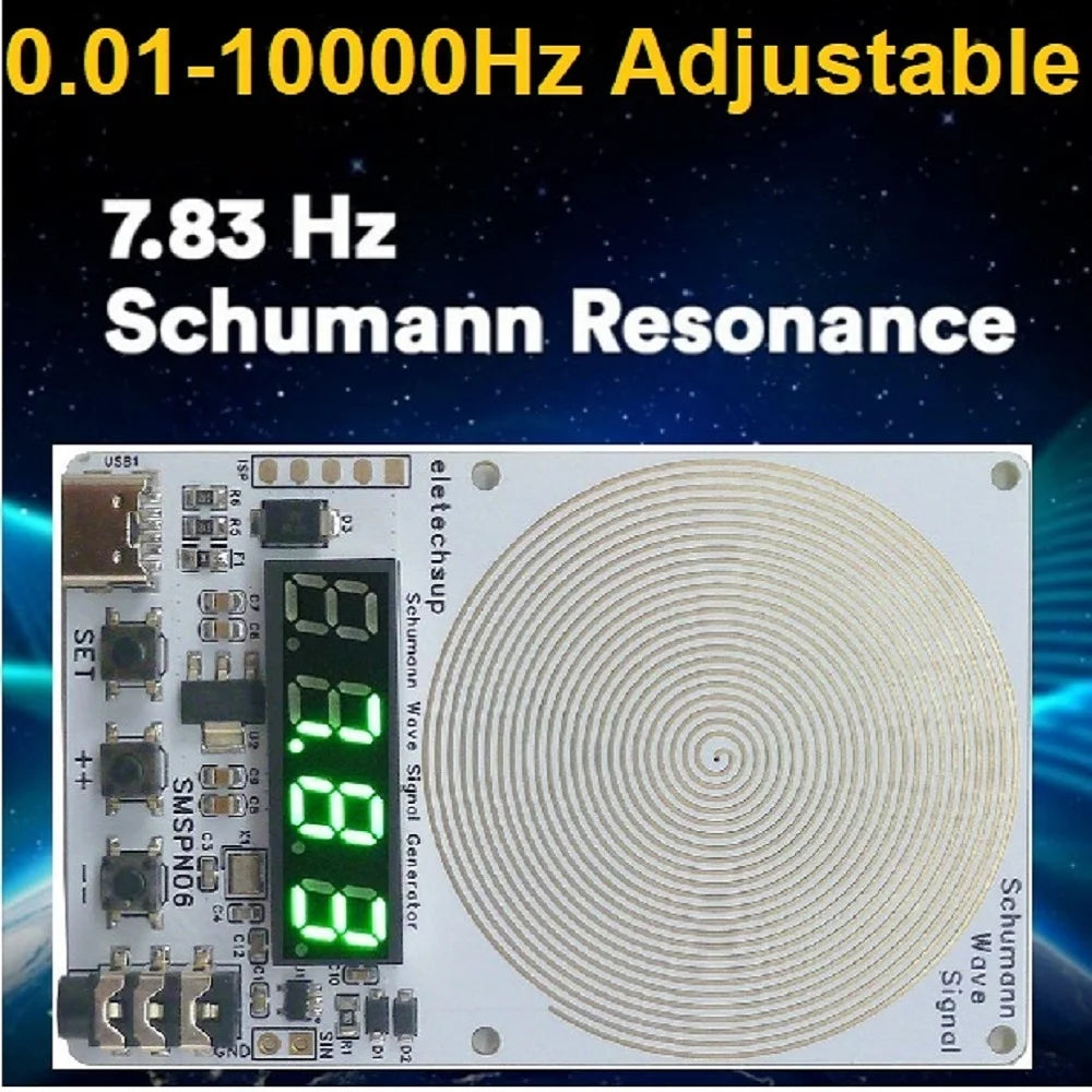A circuit board for an adjustable Schumann Resonance wave signal generator with a digital display and a coil antenna.