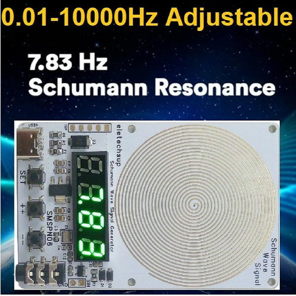 A circuit board for an adjustable Schumann Resonance wave signal generator with a digital display and a coil antenna.