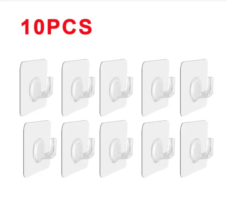 Ten transparent heavy-duty self-adhesive hooks arranged in a row.