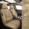 Tan PU leather car seat covers fitted for a vehicle interior, showing a full-cover fit.