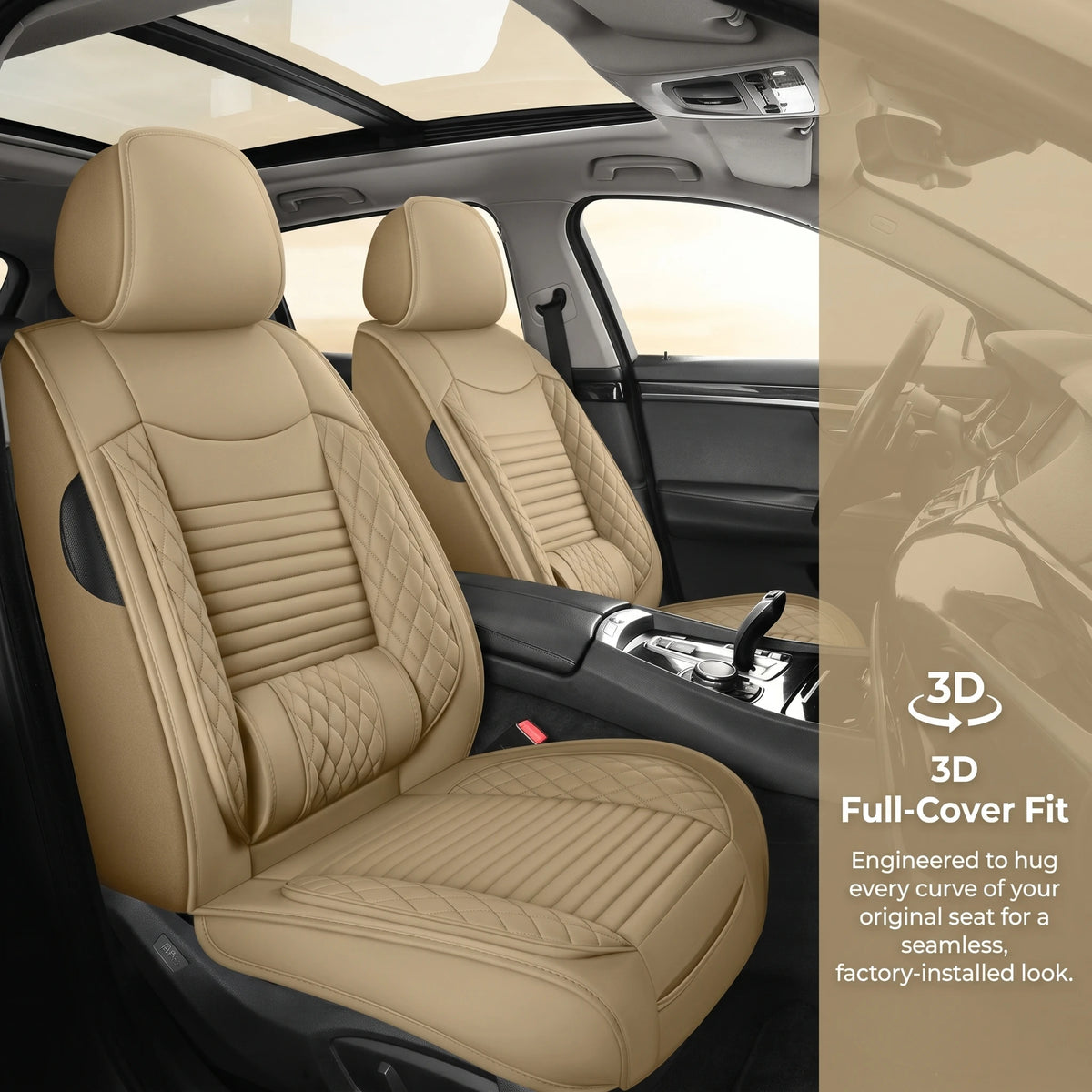 Tan PU leather car seat covers fitted for a vehicle interior, showing a full-cover fit.