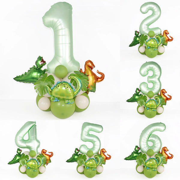 A set of avocado green dinosaur-themed balloons shaped like the numbers one through six for birthday decorations