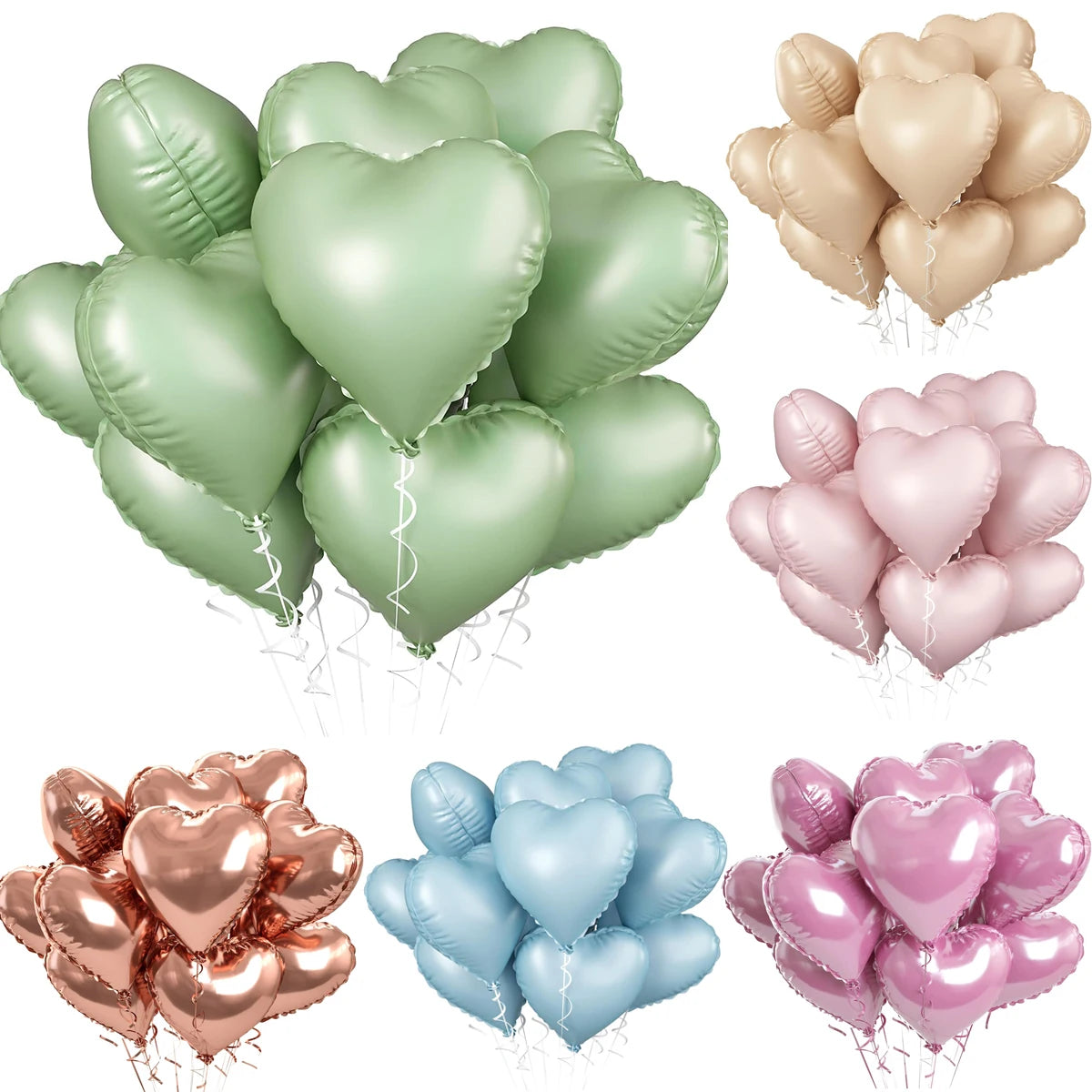 A collection of heart-shaped foil balloons in various shades of green, pink, and gold.