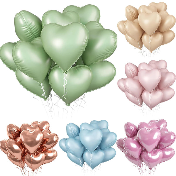 A collection of heart-shaped foil balloons in various shades of green, pink, and gold.