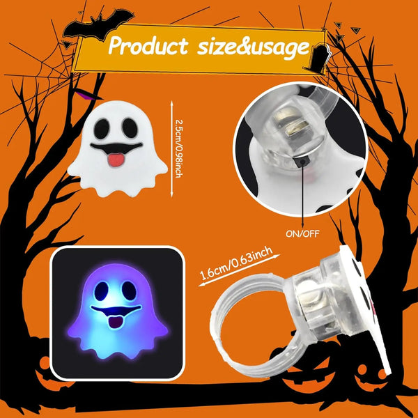Halloween LED glow rings featuring pumpkin, ghost, and spider designs displayed against a dark background.