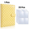 Yellow A5 photocard album binder with a leather cover and 25 individual clear plastic sleeves.