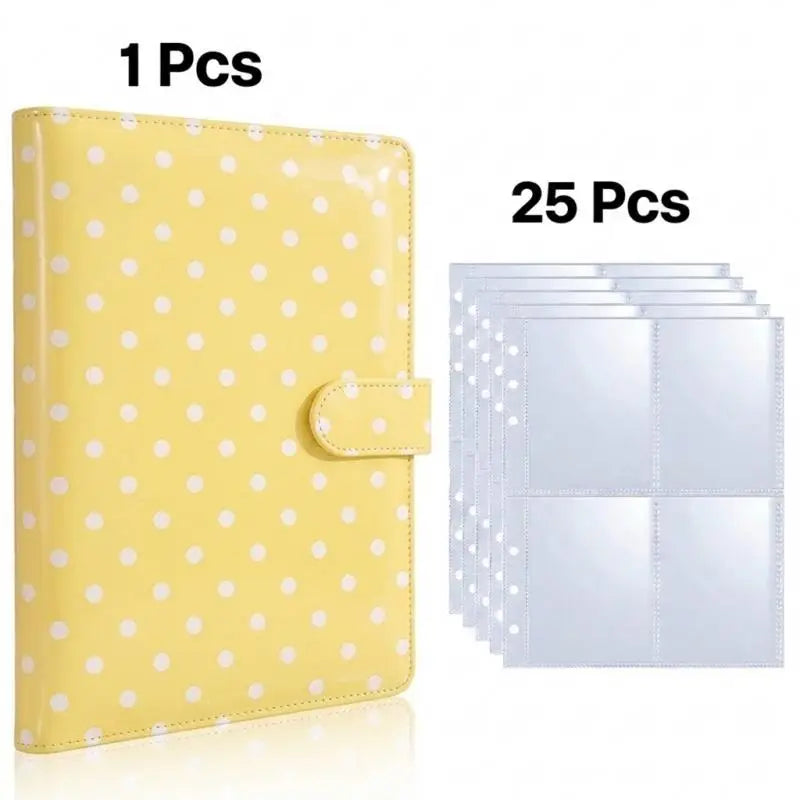 Yellow A5 photocard album binder with a leather cover and 25 individual clear plastic sleeves.
