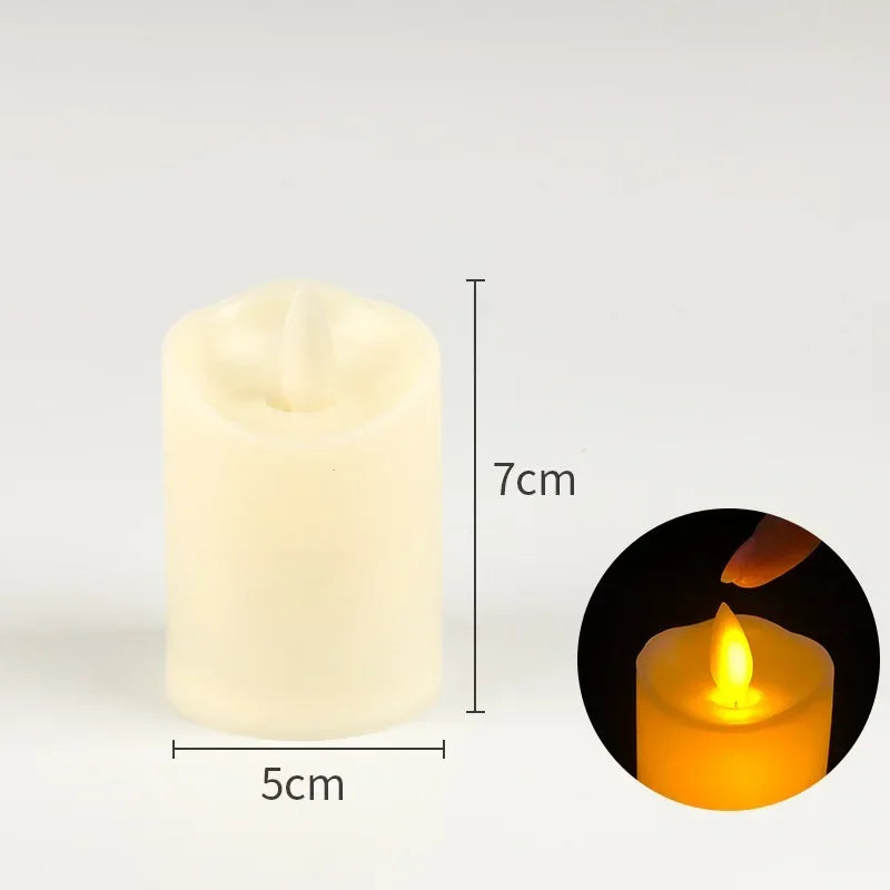 A white pillar candle with a flickering flame shown next to its dimensions.