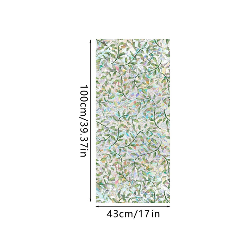 Botanical print static cling window film featuring green leaves and floral elements.