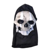 A black fabric hood featuring a realistic horror ghost skull design.