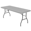 A gray stretch spandex tablecloth set with black metal legs.
