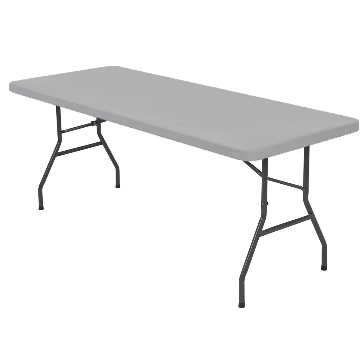 A gray stretch spandex tablecloth set with black metal legs.