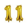 Two shiny gold foil number balloons shaped like the number one for birthday party decor