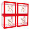 A set of red acrylic boxes with pink strawberry-themed letters B, A, and Y for a birthday party decoration.