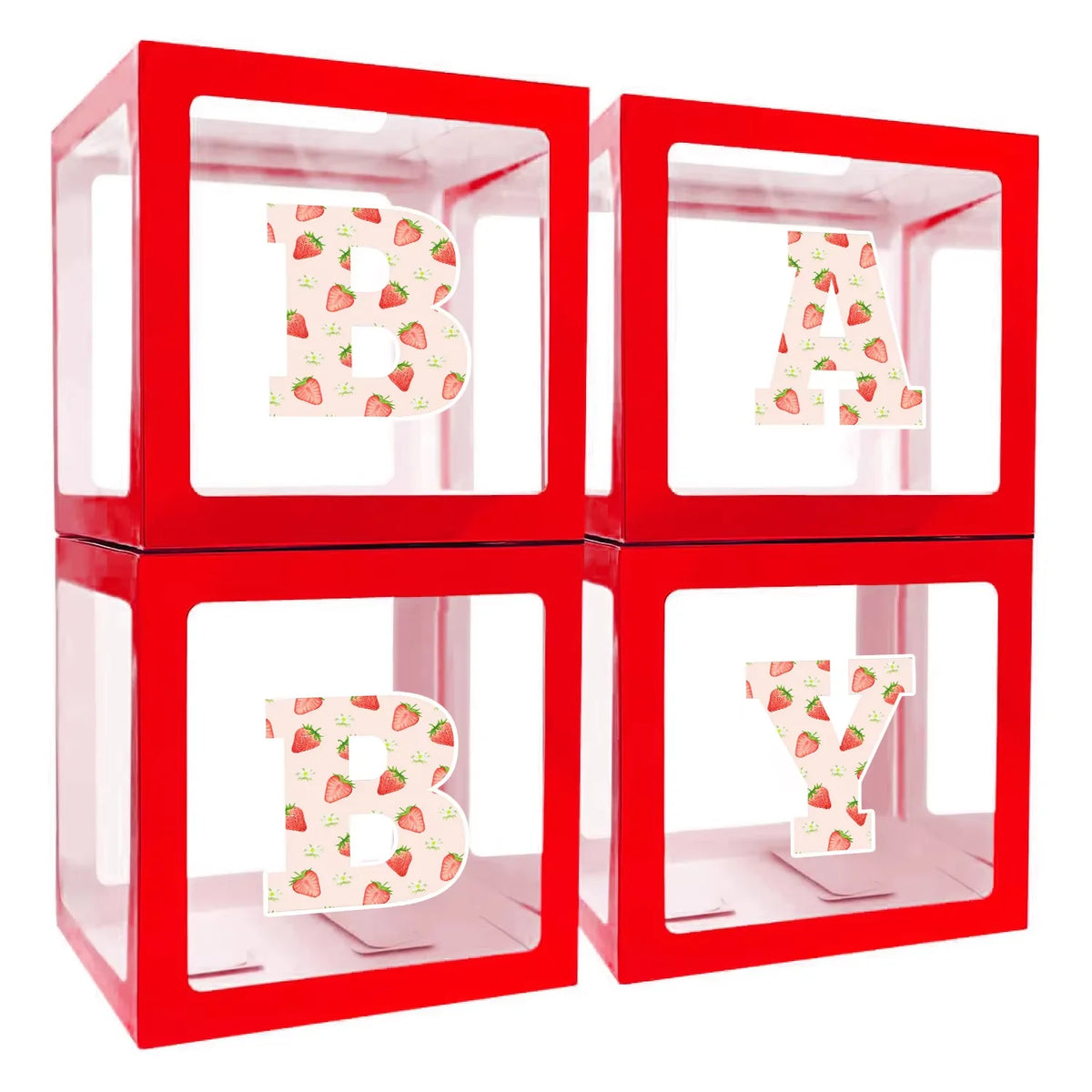 A set of red acrylic boxes with pink strawberry-themed letters B, A, and Y for a birthday party decoration.