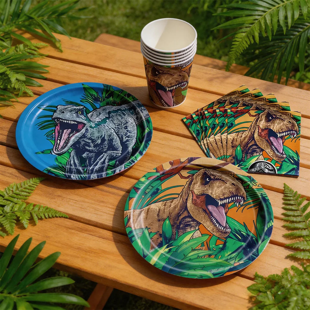 A kit for a dinosaur birthday party decoration featuring a banner and standing balloons placed on a wooden table.