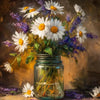 A still life painting featuring a bouquet of white and purple flowers in a glass jar on a wooden surface.