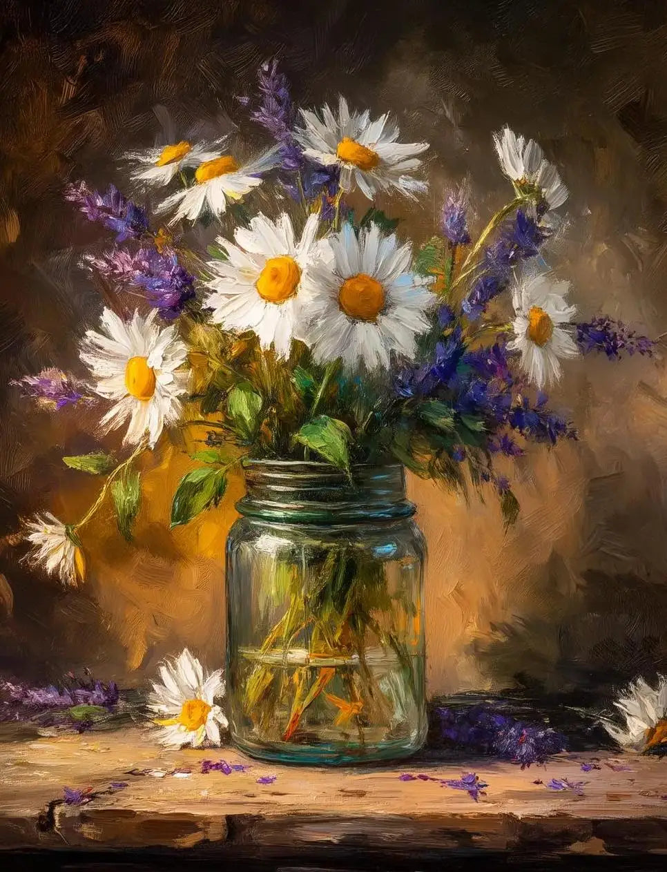 A still life painting featuring a bouquet of white and purple flowers in a glass jar on a wooden surface.