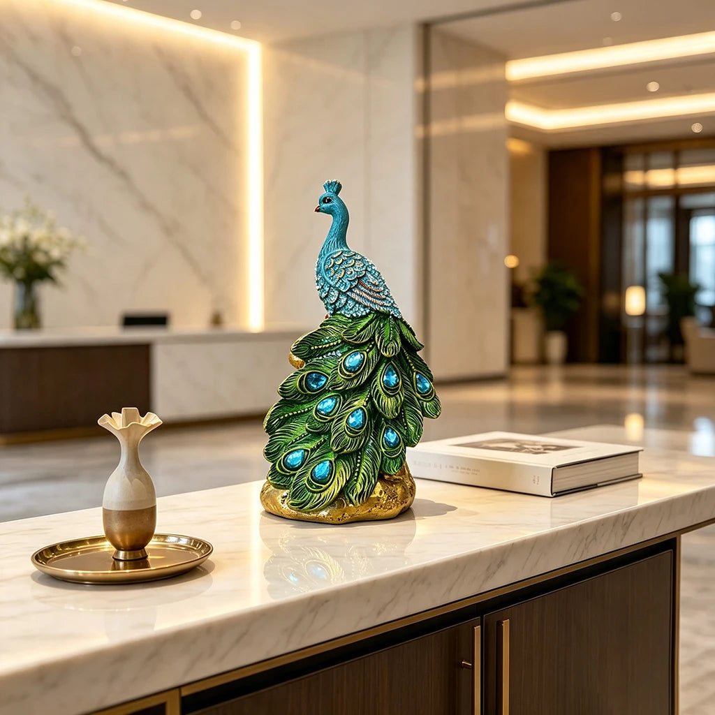 An elegant blue peacock statue with a crystal tail feathers displayed on a marble countertop.