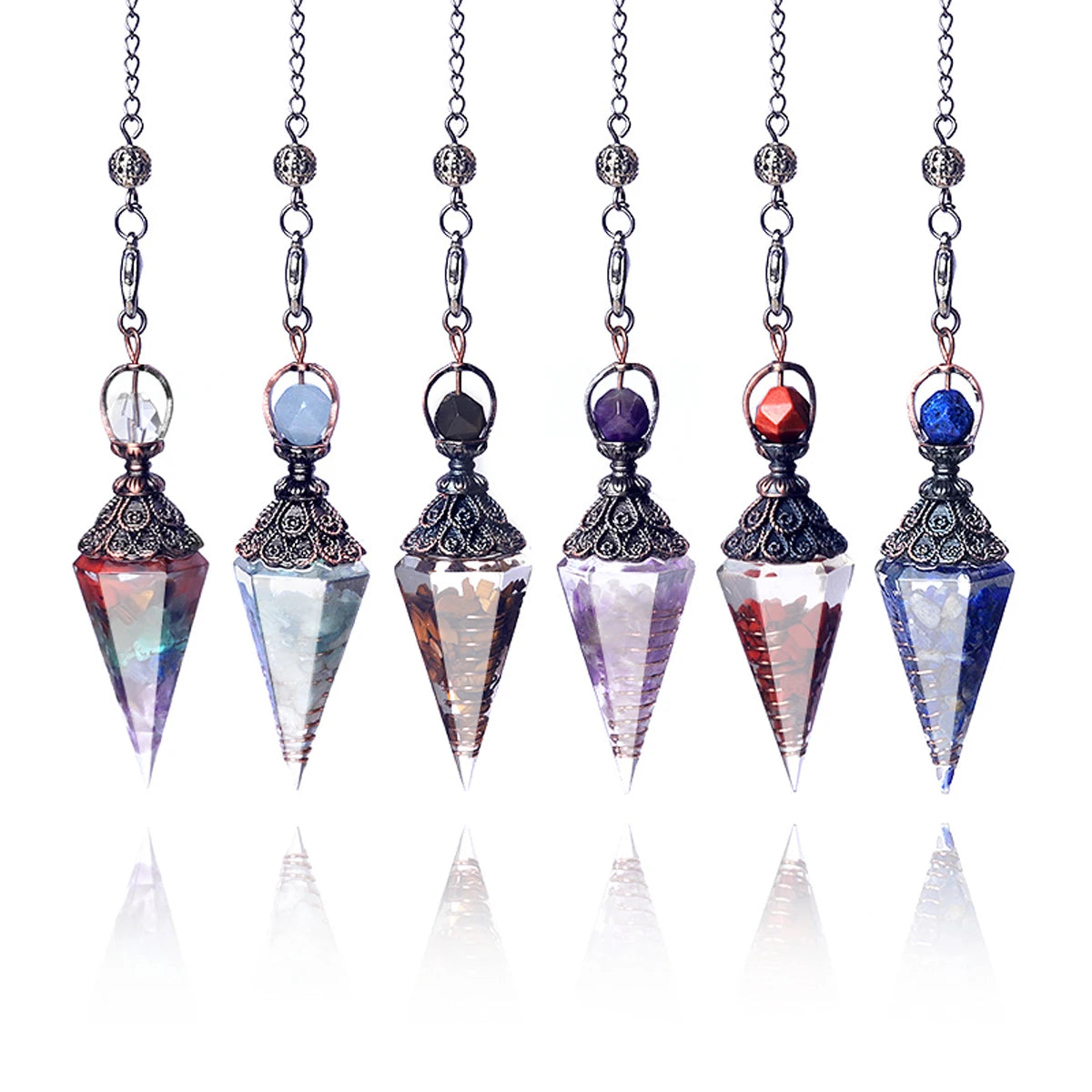 A set of five natural crystal teardrop pendants hanging from chains, featuring various colors like blue, pink, and clear quar