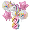 A collection of pink and iridescent foil balloons featuring unicorn designs, including a unicorn face balloon and star-shaped