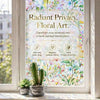A window decorated with floral art film featuring colorful flowers and leaves, alongside a potted cactus.