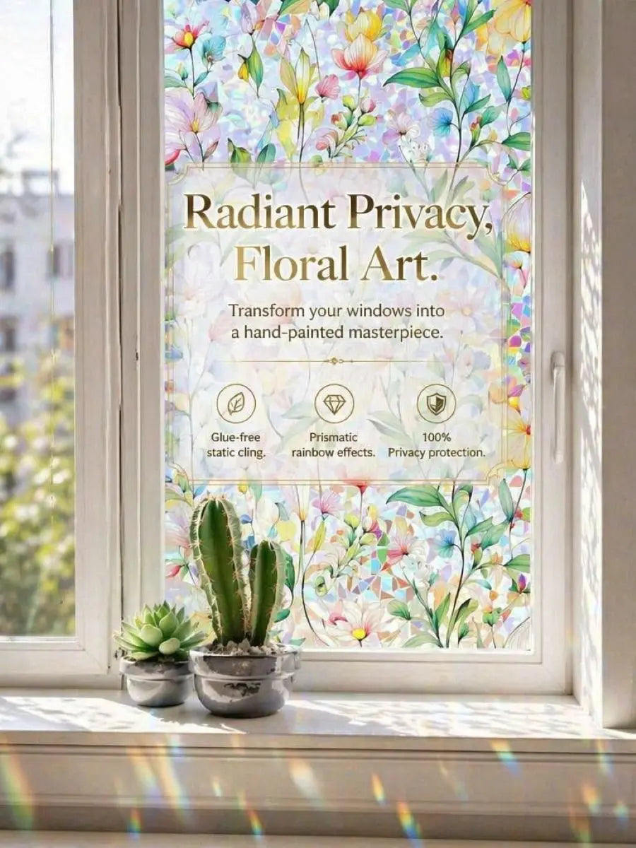 A window decorated with floral art film featuring colorful flowers and leaves, alongside a potted cactus.