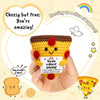 Handmade crochet potato doll with an inspirational card, smiling and holding a slice of pizza.