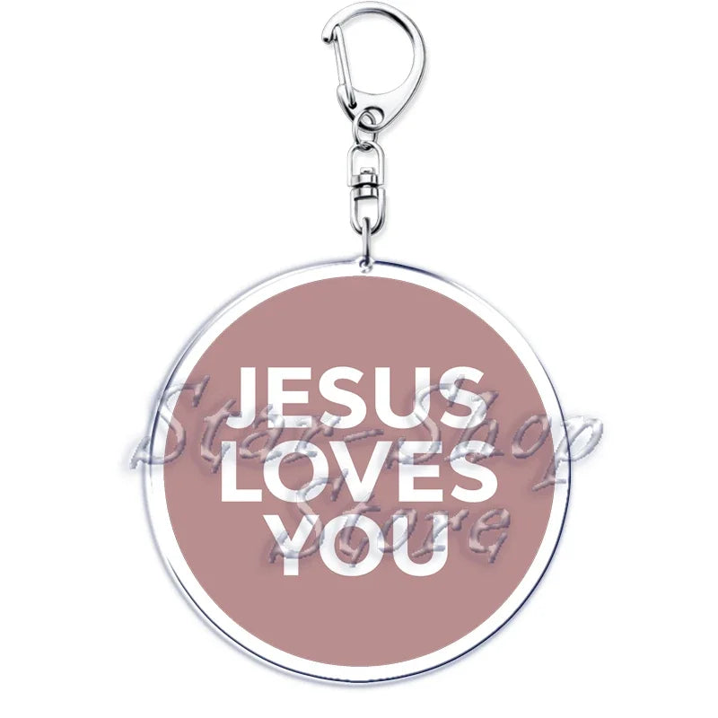 Silber-Acryl-Anhänger mit kreisrundem Charm, graviert mit dem Text Jesus liebt dich