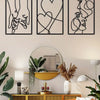 A set of three black metal line art prints depicting holding hands, a heart, and a profile of a face.