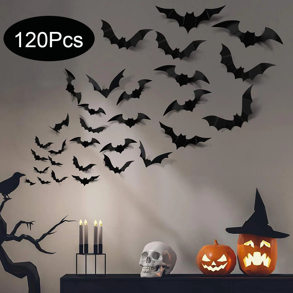 Black PVC bat wall decor featuring various bats and a skull on a dark surface.