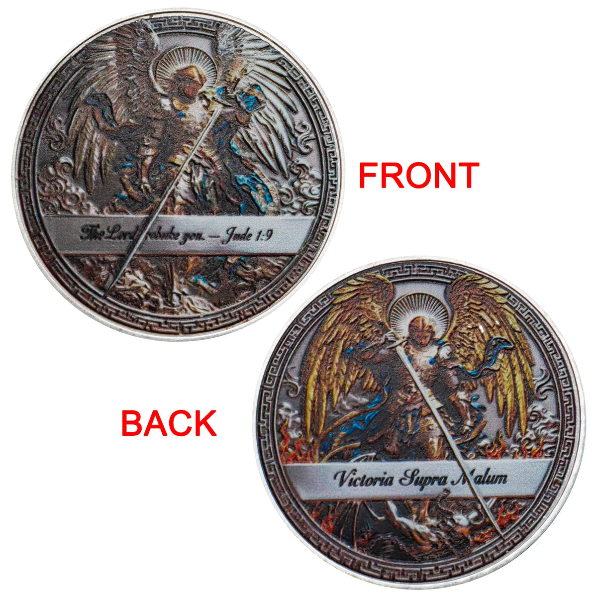A commemorative coin showing the front and back designs of Archangel Michael, featuring biblical scripture and victory imager