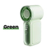 A light green portable rechargeable mini handheld fan with a circular grille and power button.