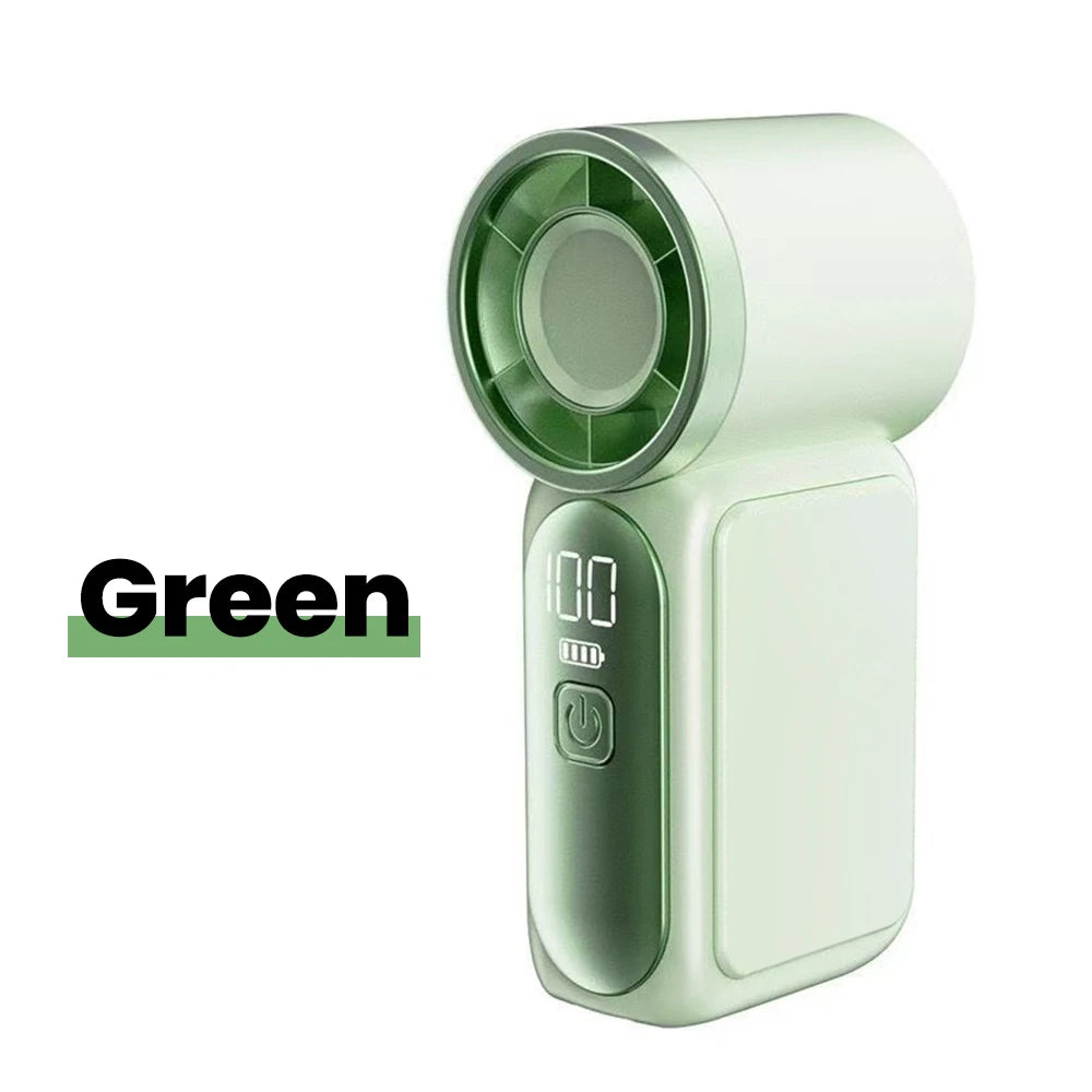 A light green portable rechargeable mini handheld fan with a circular grille and power button.
