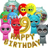 A set of colorful balloons featuring various cartoon characters and designs for a birthday party.