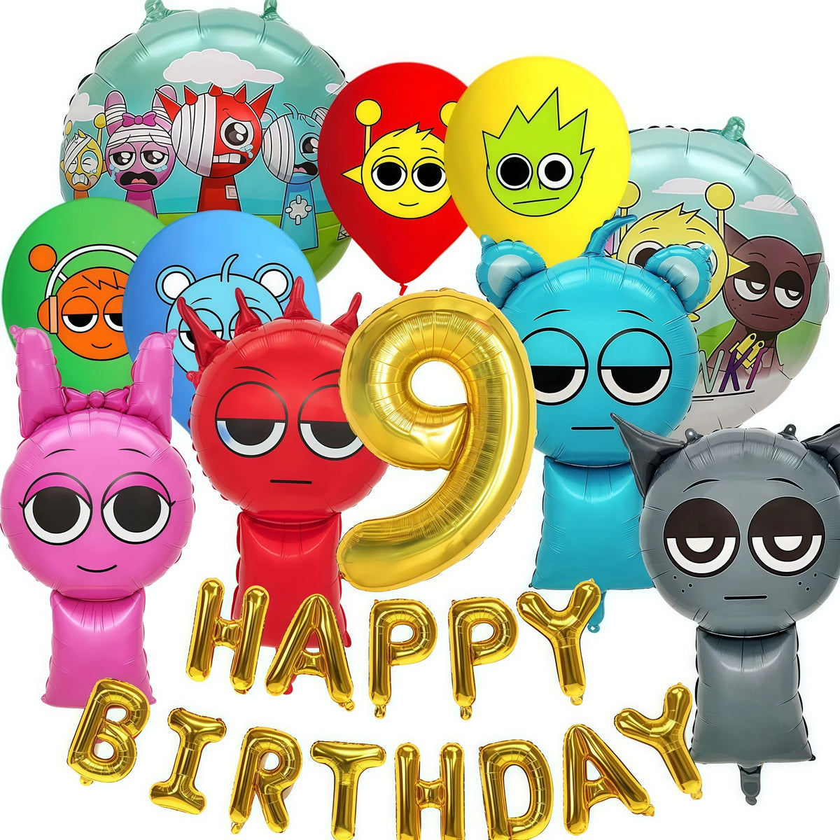 A set of colorful balloons featuring various cartoon characters and designs for a birthday party.