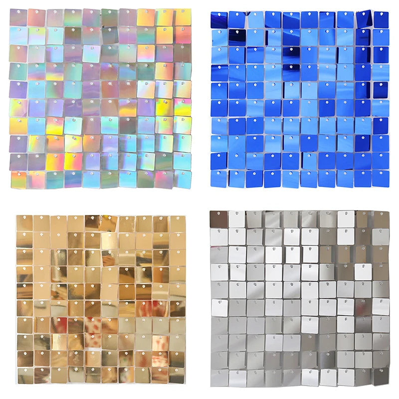 A collection of iridescent and metallic sequin wall panels in various shades of blue, gold, and silver.