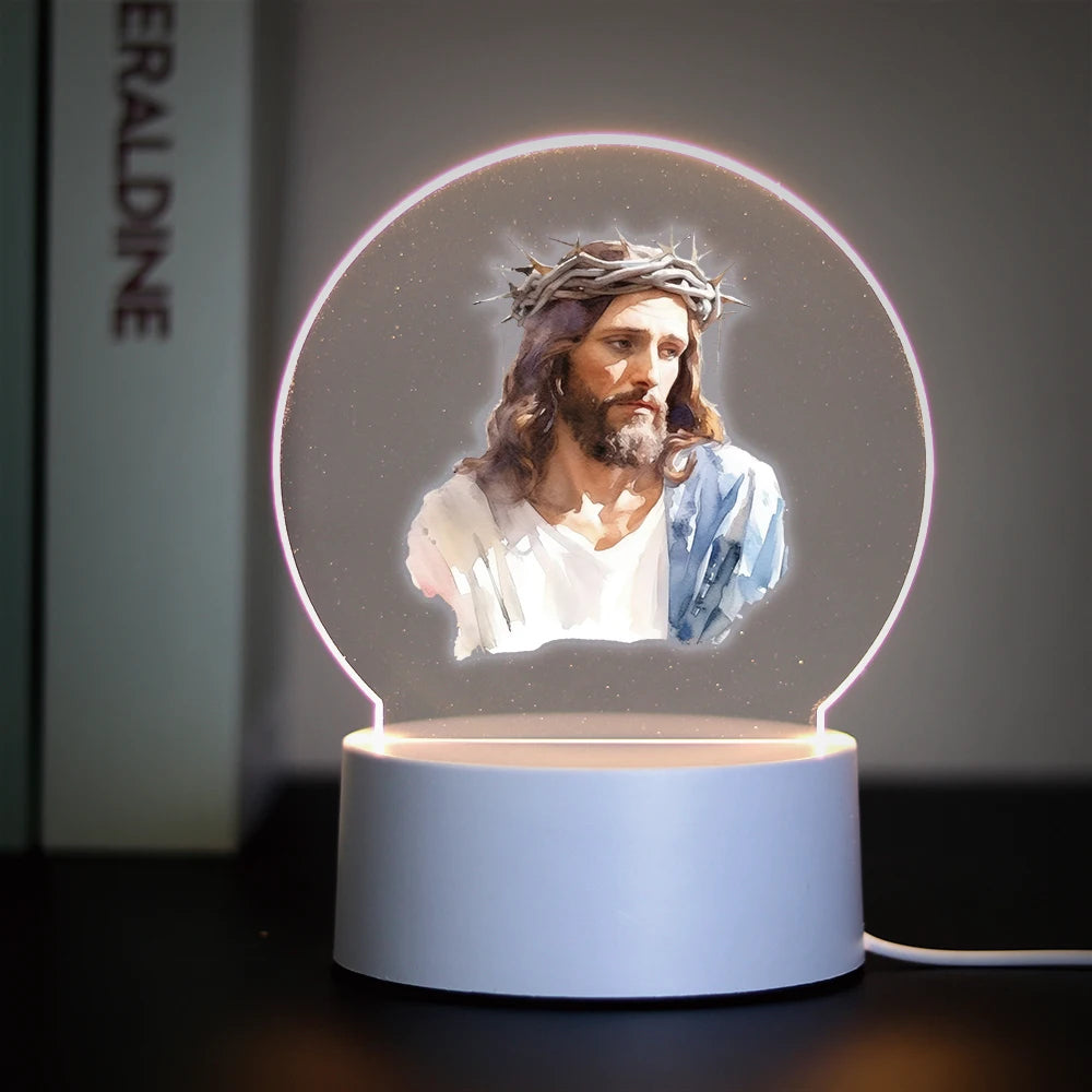 A 3D LED night light featuring a sculpted head of Jesus with a crown, illuminated within a glowing sphere.