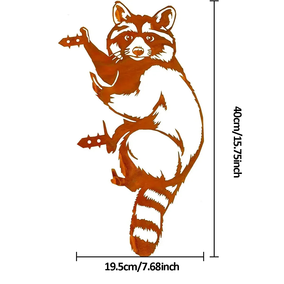 A rustic wrought iron cat ornament with orange and white fur stripes, shown against a white background.