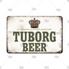 Vintage metal tin sign for Tuborg beer featuring a crown emblem and the text TUBORG BEER