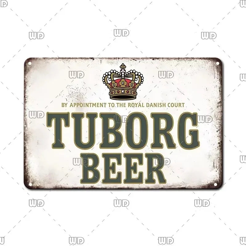 Vintage metal tin sign for Tuborg beer featuring a crown emblem and the text TUBORG BEER