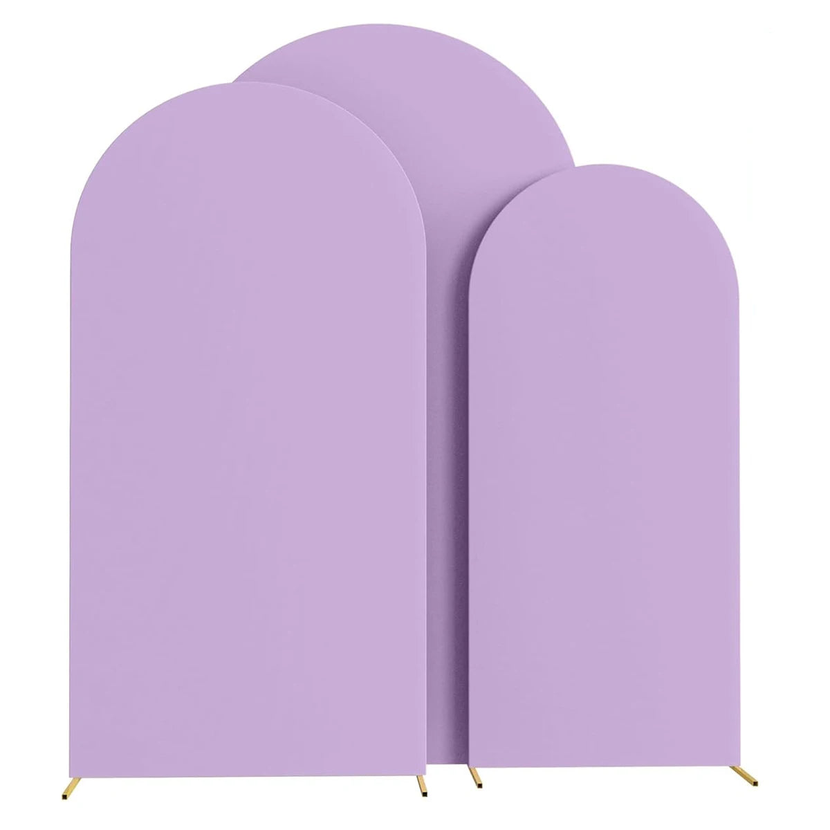 Three purple arch stand backdrops used for wedding and event decor