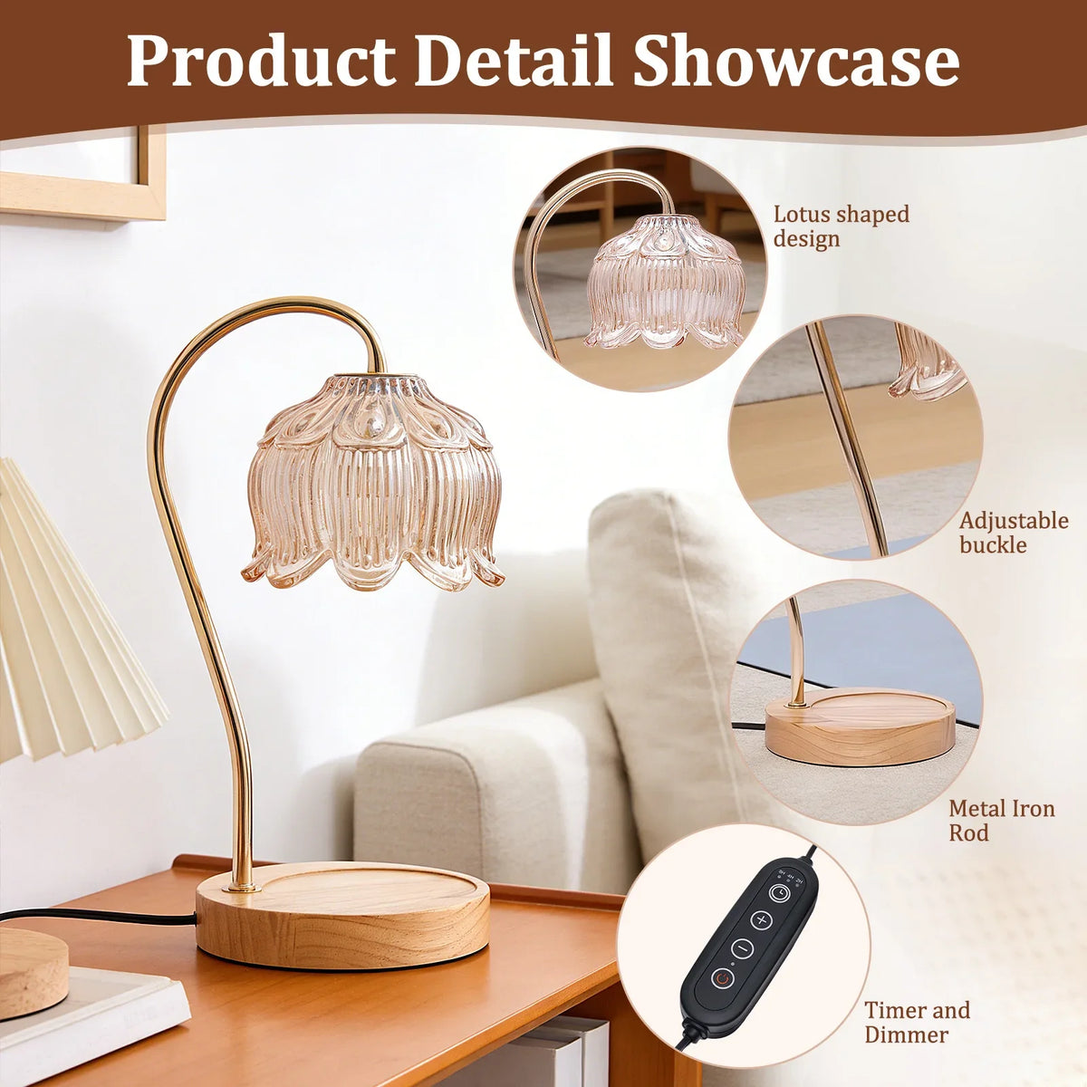 A brass and wood decorative lamp with a lotus-shaped design, featuring an adjustable neck and a timer/dimmer control.
