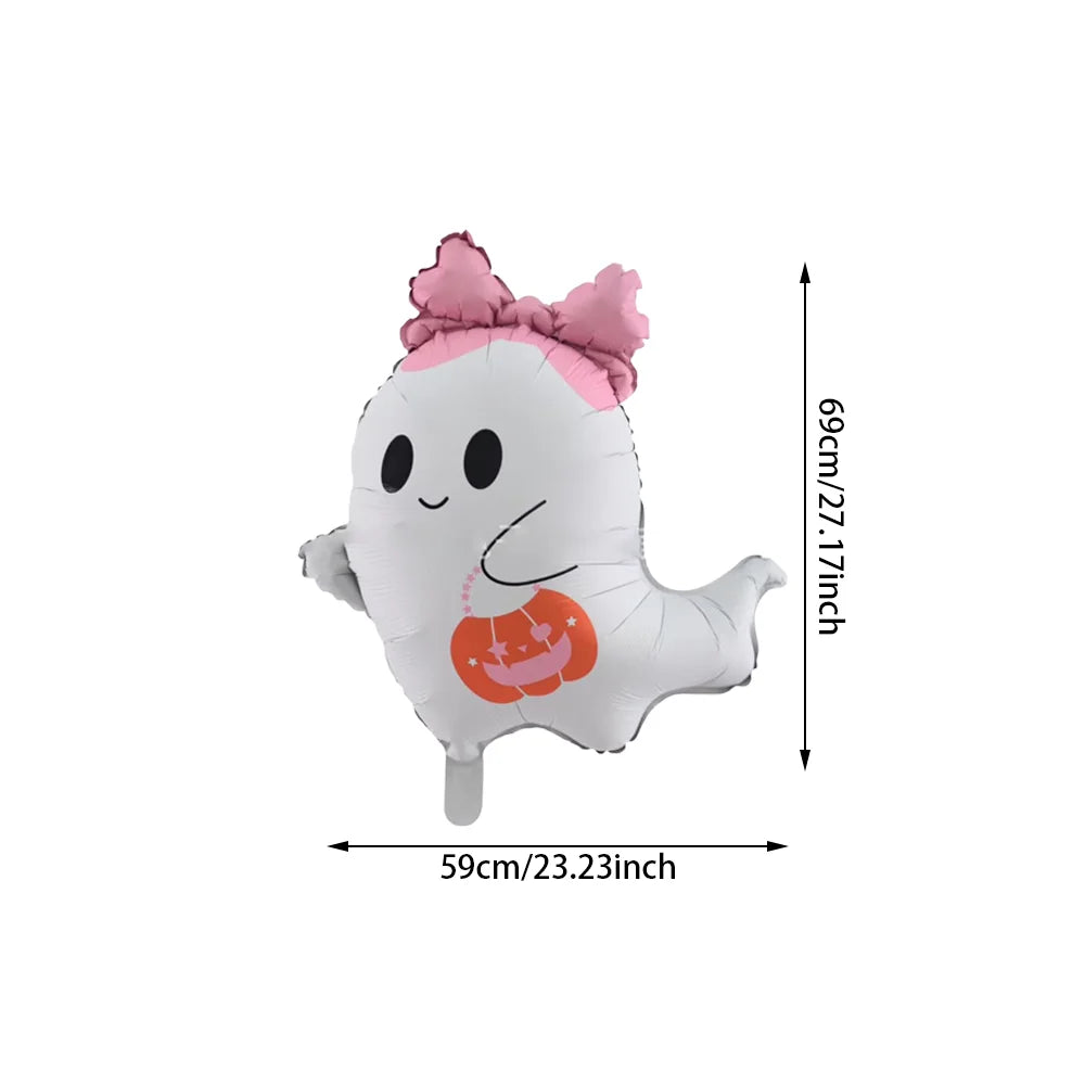 A white ghost shaped foil balloon with a pink bow decoration for Halloween party use