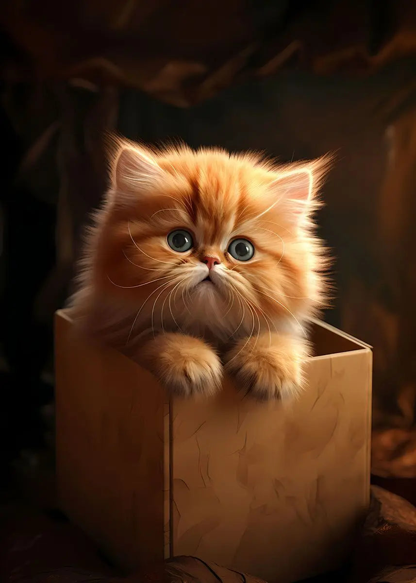A fluffy orange Persian kitten with blue eyes peeks out of a light brown wooden box.