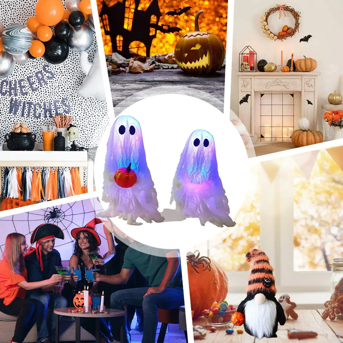 A set of lighted Halloween ghost decorations including a pumpkin, spooky figures, and seasonal decor.