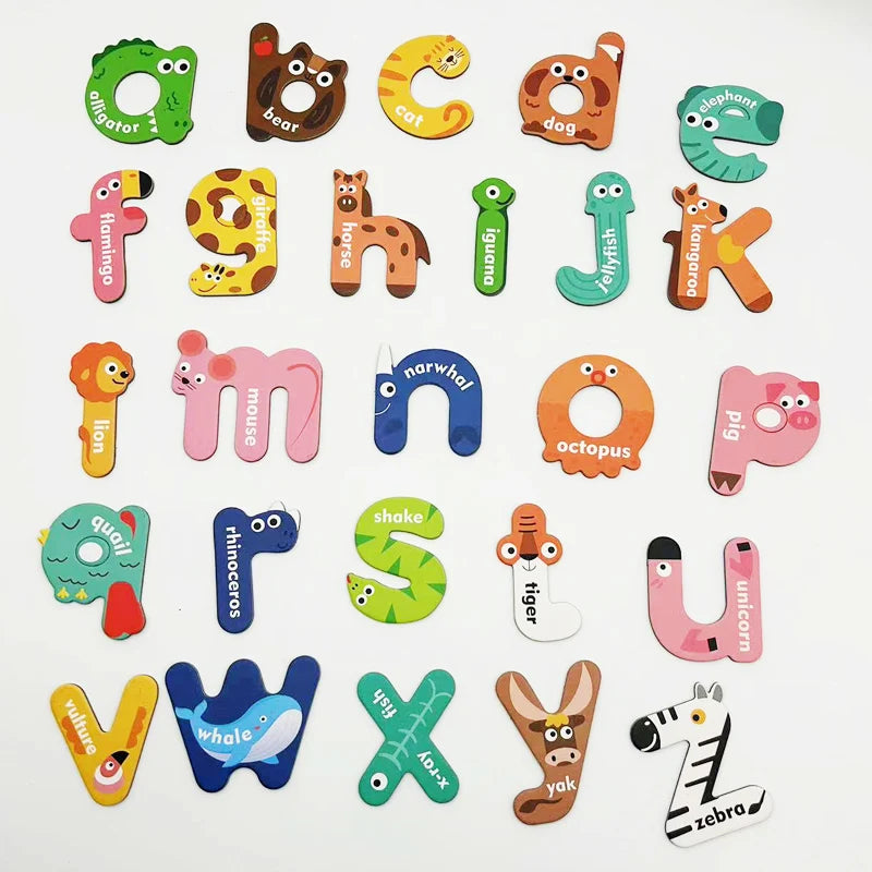 A collection of colorful magnetic alphabet learning magnets including letters, animals, and objects.