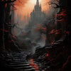 A dark, atmospheric painting of a gothic castle silhouette seen through a misty forest and a long staircase leading up to it.