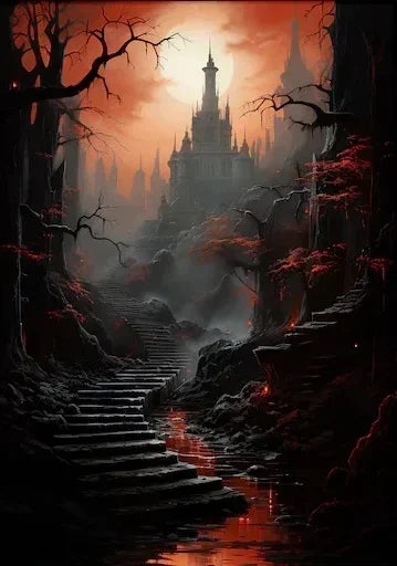 A dark, atmospheric painting of a gothic castle silhouette seen through a misty forest and a long staircase leading up to it.